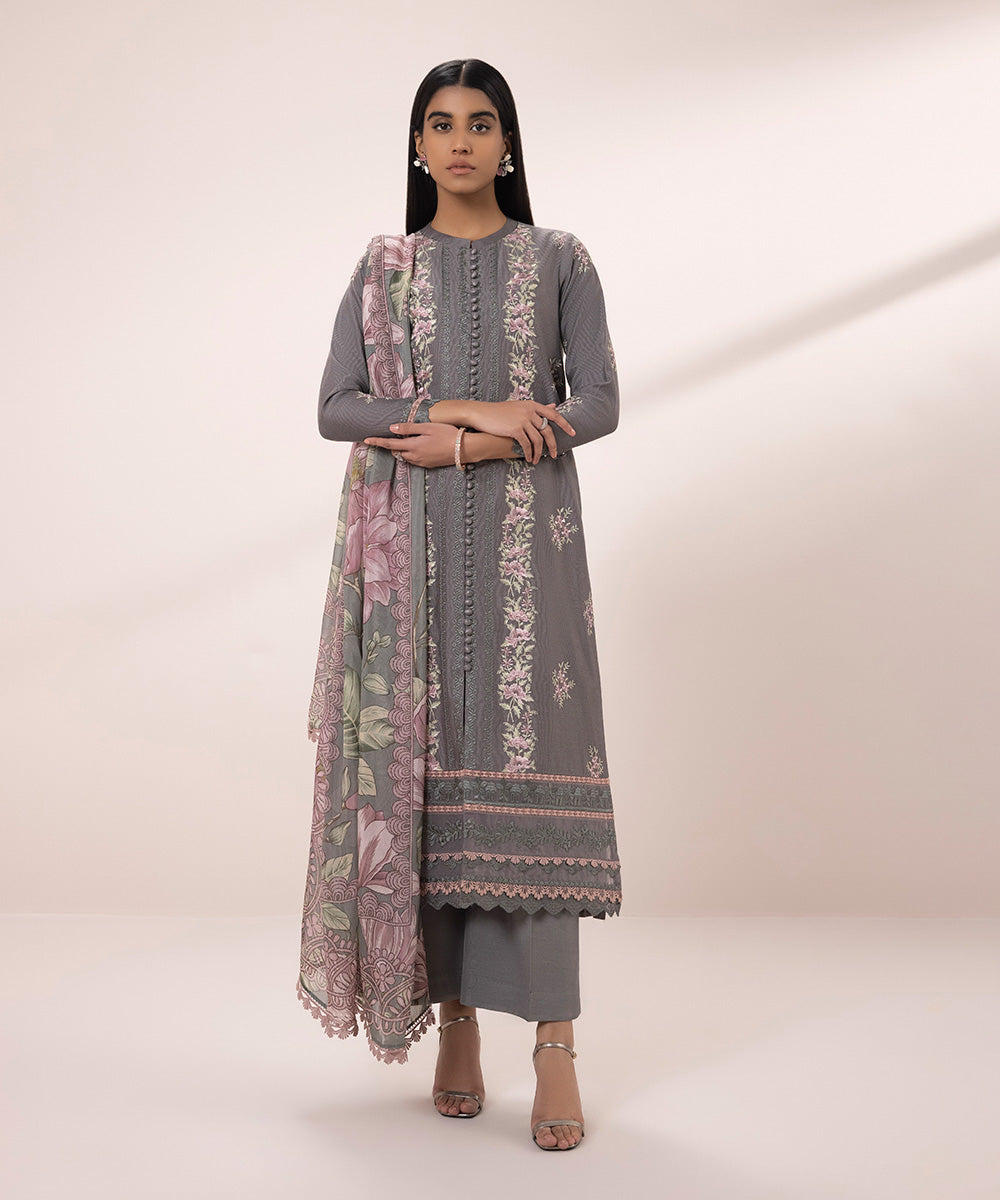 3 Piece Cotton Net Suit - Embroidered