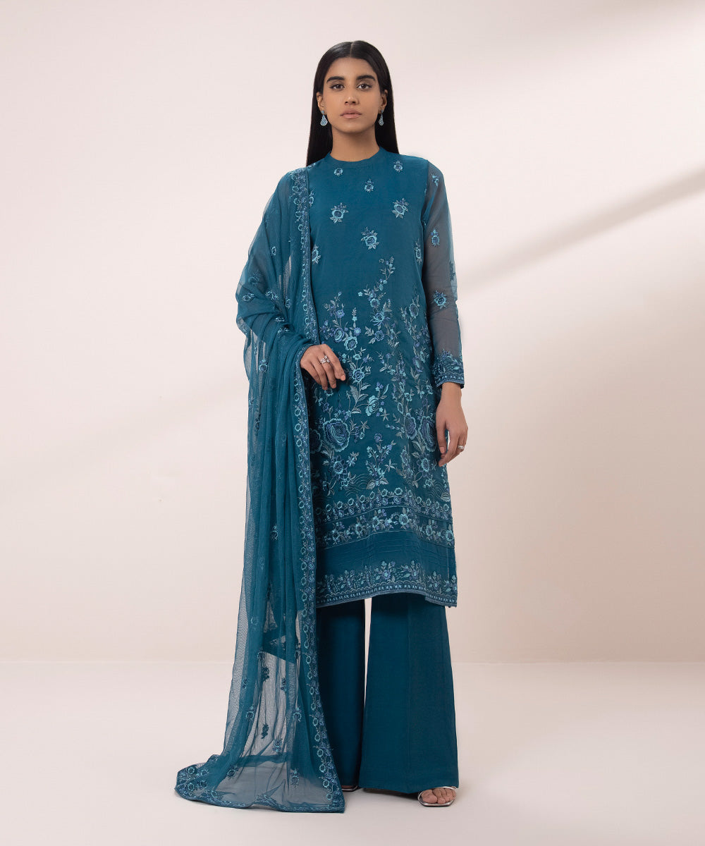 3 Piece Organza Suit with Elegant Embroidery