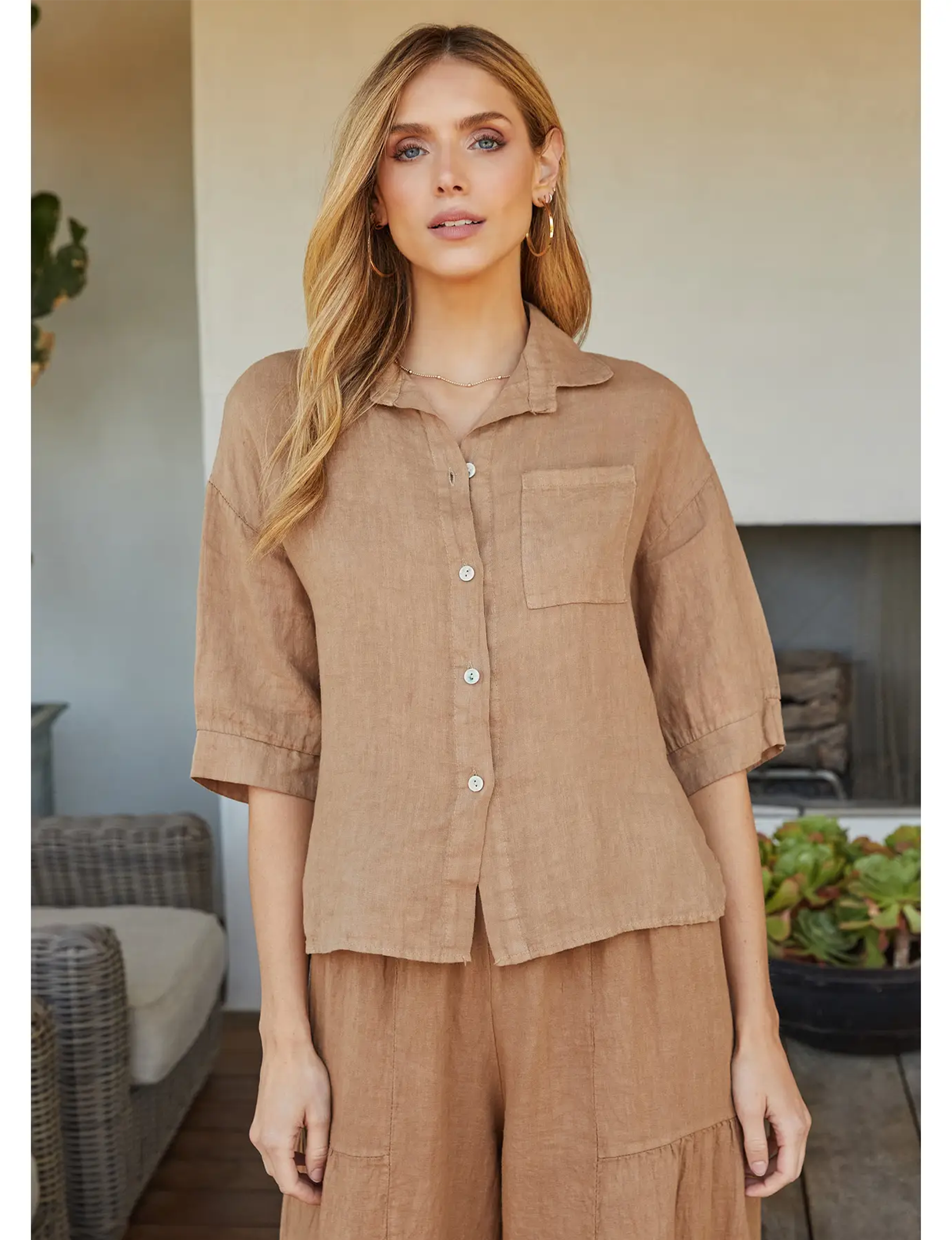 3/4 Sleeve Camel Linen Button Down Shirt