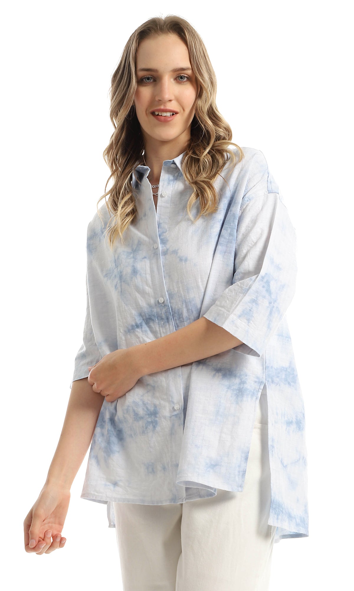 98936 Tie Dye Oversized Light Blue Shirt - Self-Patterned