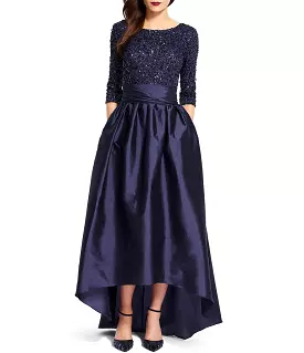 Adrianna Papell 091919630 Sequined High Low Bow Accent Gown - Navy, Size 8 Available