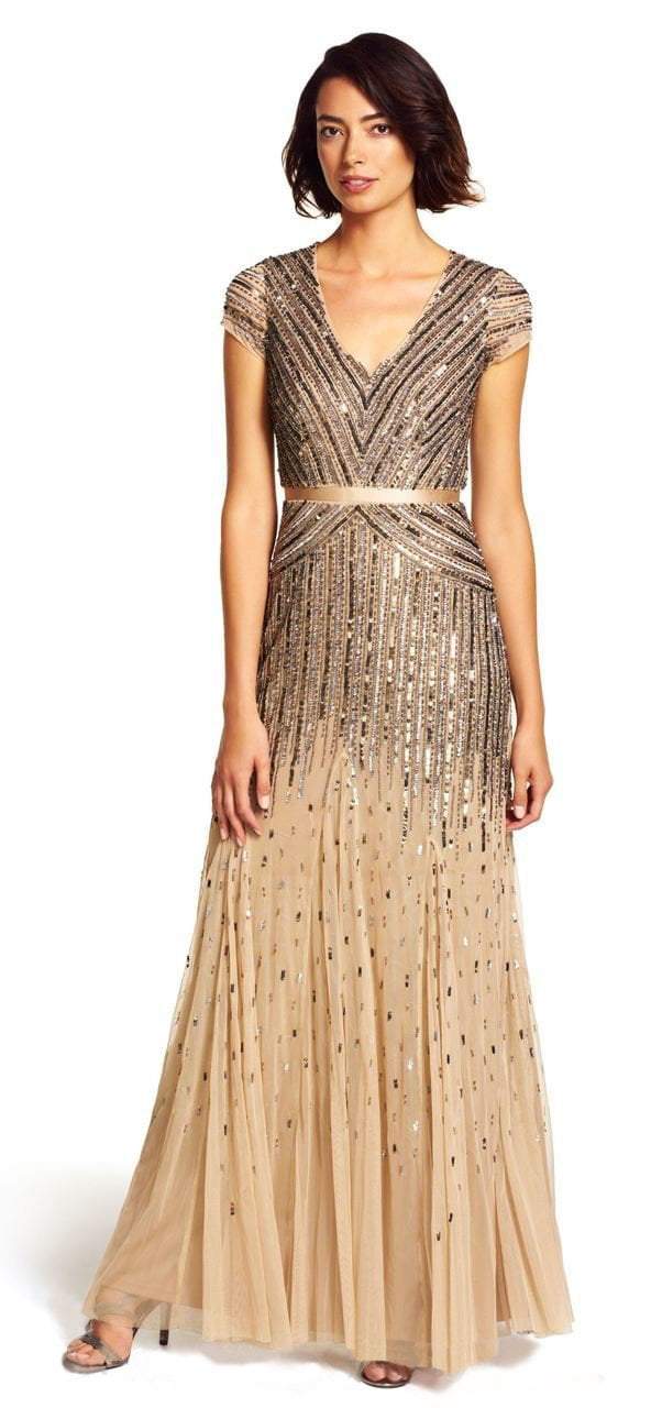 Adrianna Papell Cap Sleeve Sequined Mesh A-Line Gown - Shop Now!