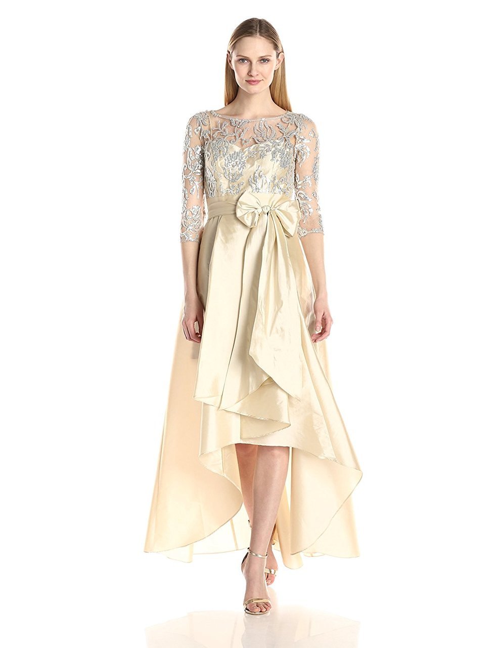 Adrianna Papell High Low Gown - 81916970 Quarter Sleeve Ribbon Ornate