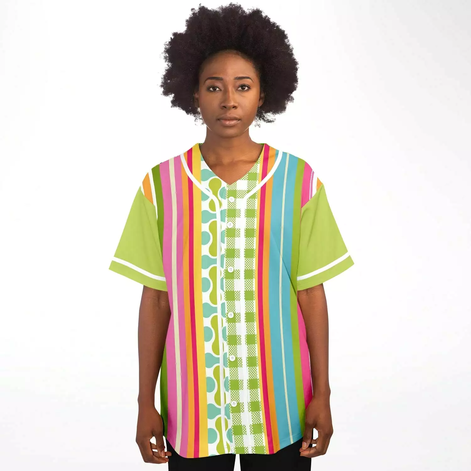 Anjou Pear Patchwork Jersey Button Front Green Striped