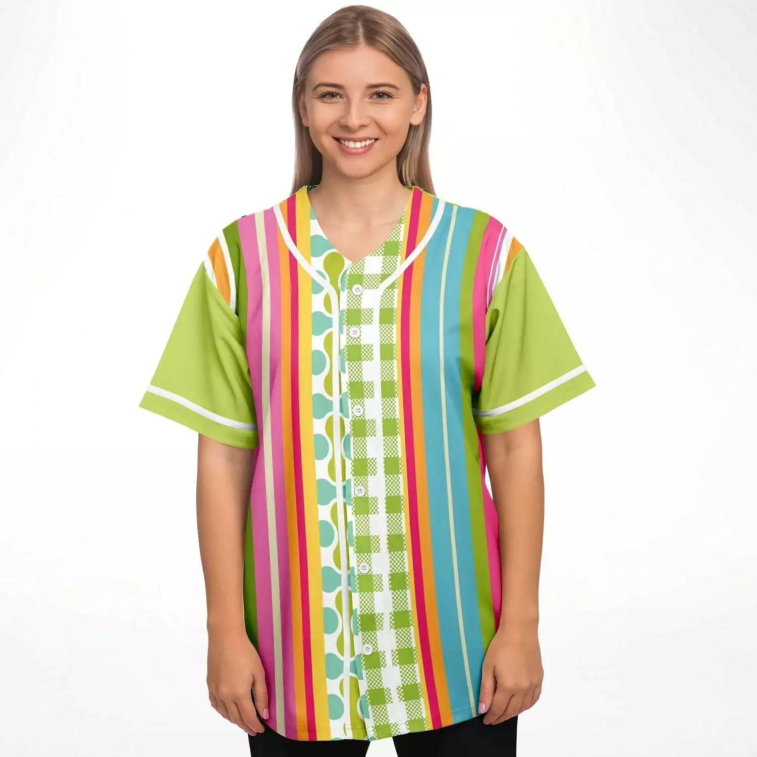 Anjou Pear Patchwork Jersey Button Front Green Striped