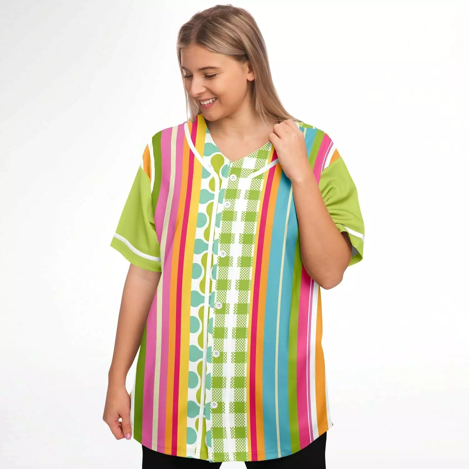 Anjou Pear Patchwork Jersey Button Front Green Striped