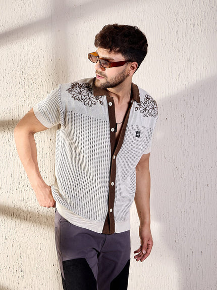 beige and brown embroidered crochet shirt with floral pattern