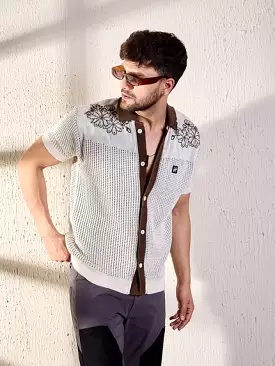 beige and brown embroidered crochet shirt with floral pattern