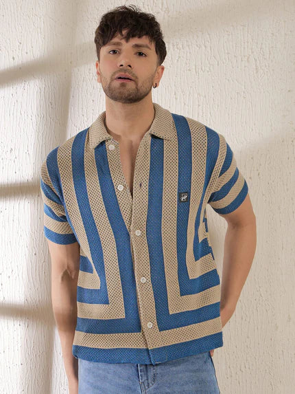 beige blue striped crochet knit shirt