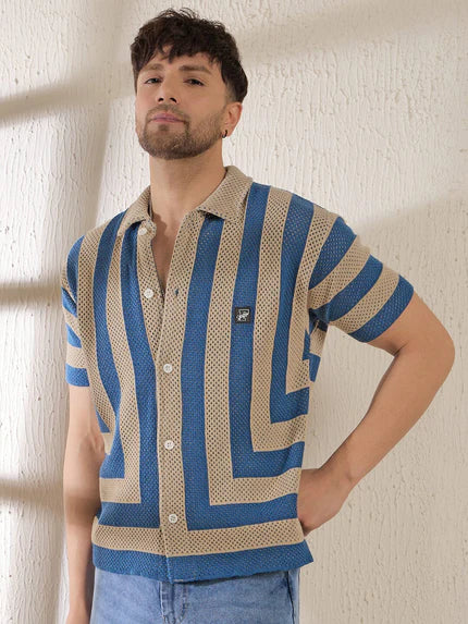 beige blue striped crochet knit shirt