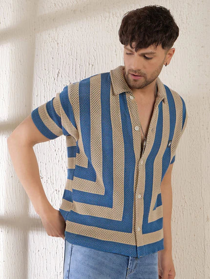 beige blue striped crochet knit shirt