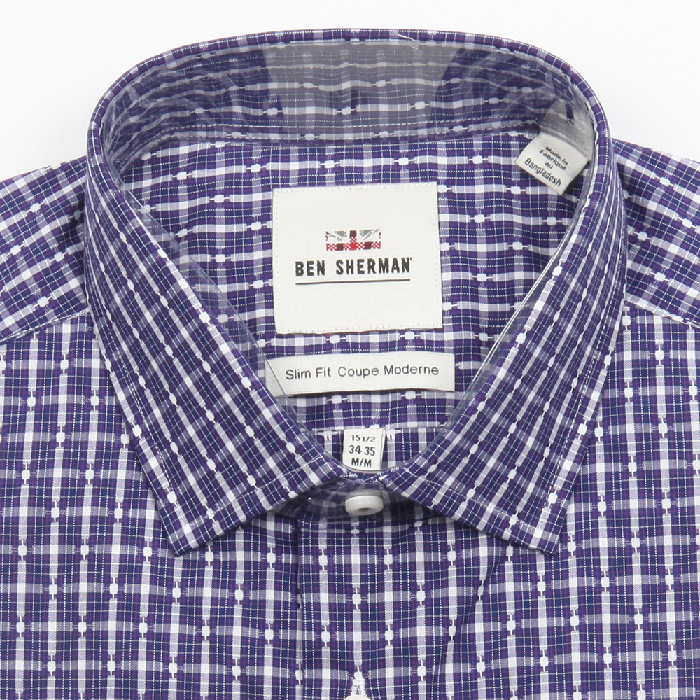 BEN SHERMAN - Dobby Check Modern Slim Fit Shirt - Navy Plum