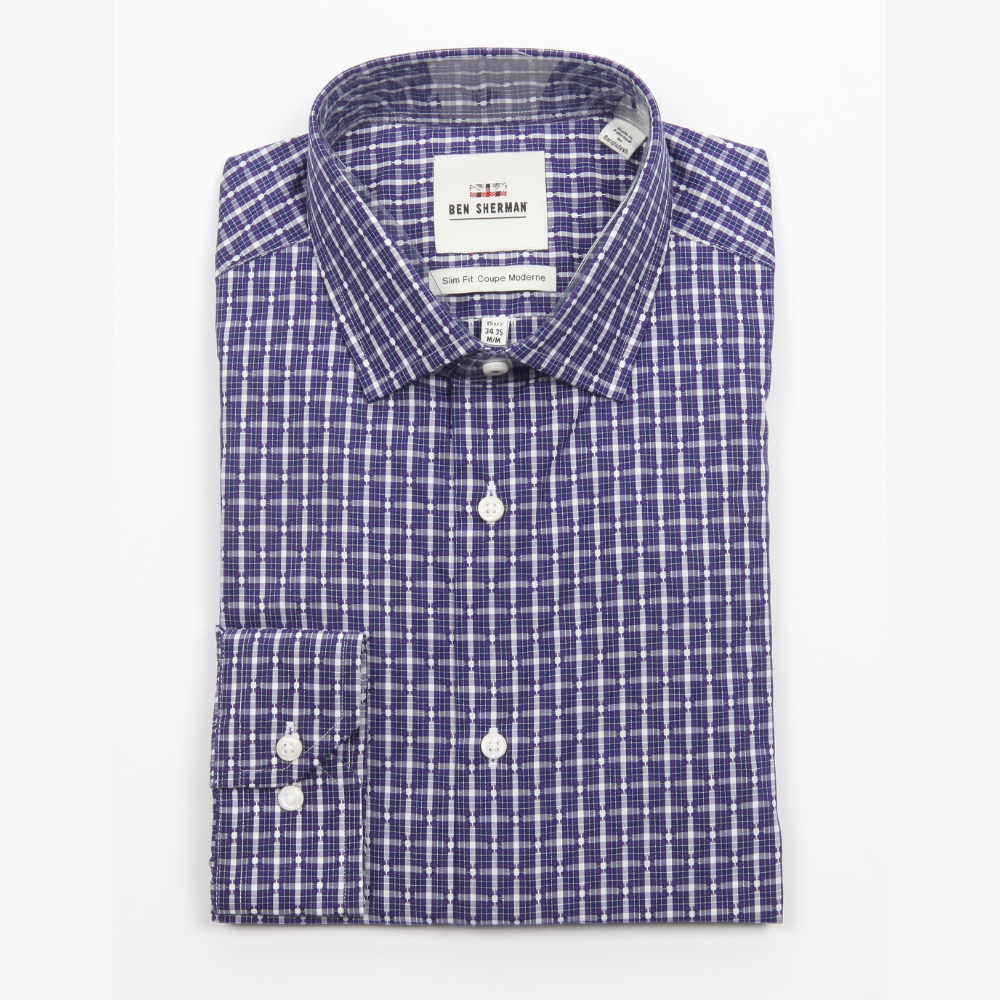 BEN SHERMAN - Dobby Check Modern Slim Fit Shirt - Navy Plum