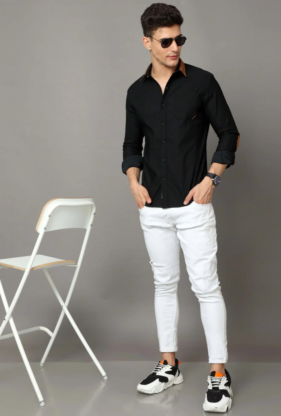 Black cotton corduroy shirt with self-stripe pattern and leather contrast.