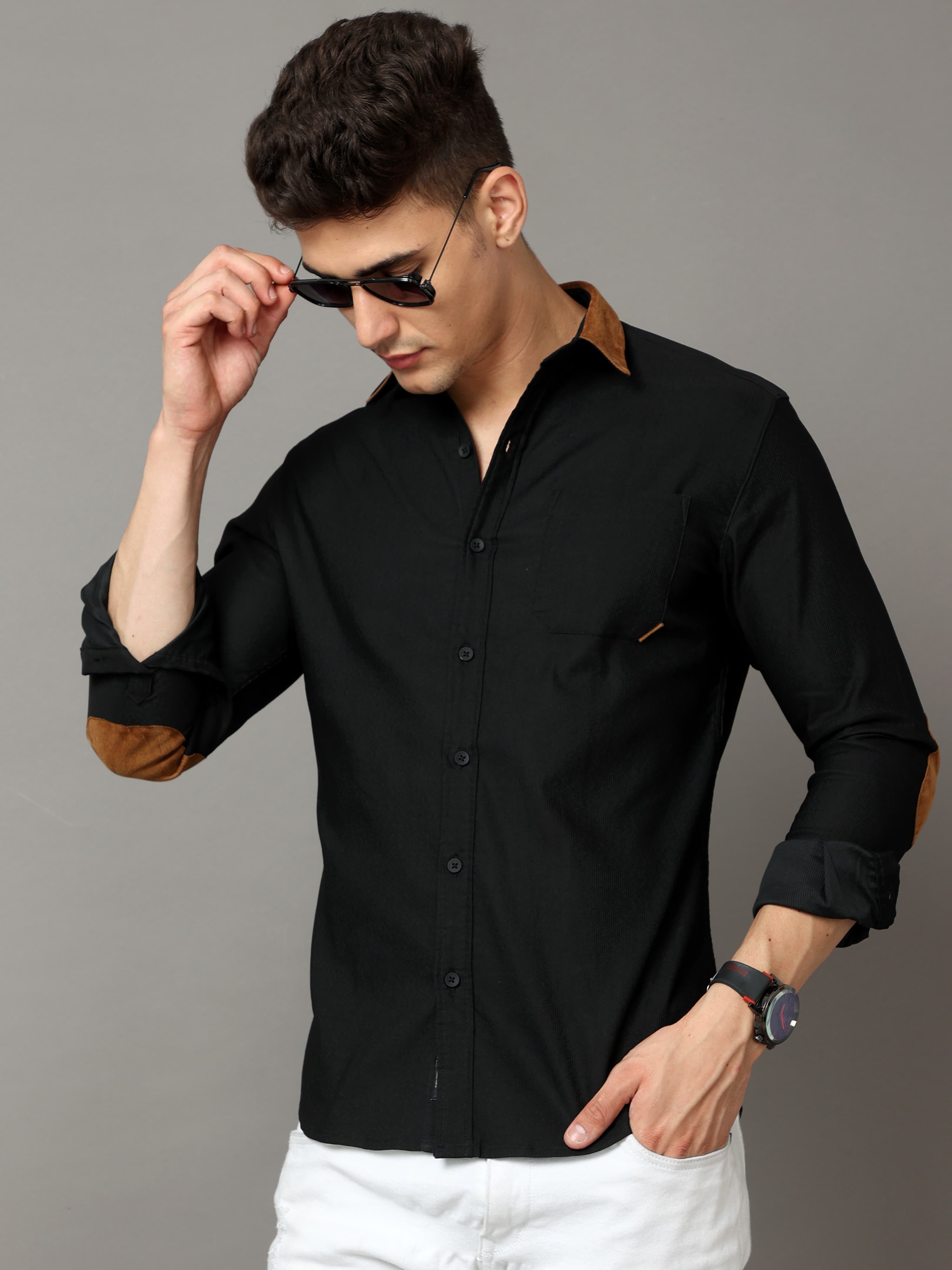 Black cotton corduroy shirt with self-stripe pattern and leather contrast.