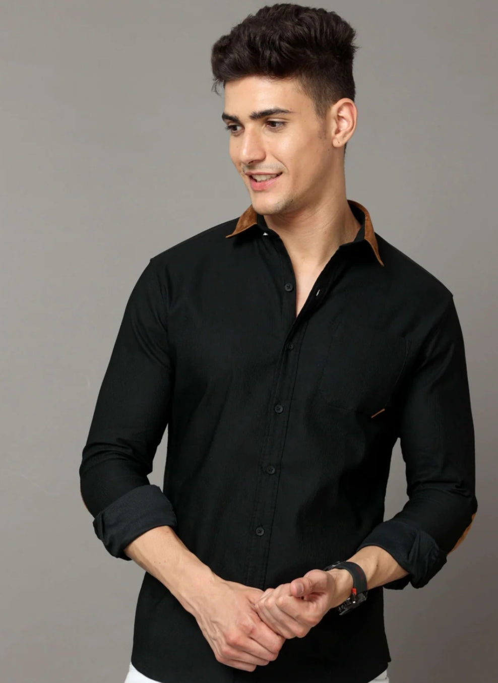 Black cotton corduroy shirt with self-stripe pattern and leather contrast.