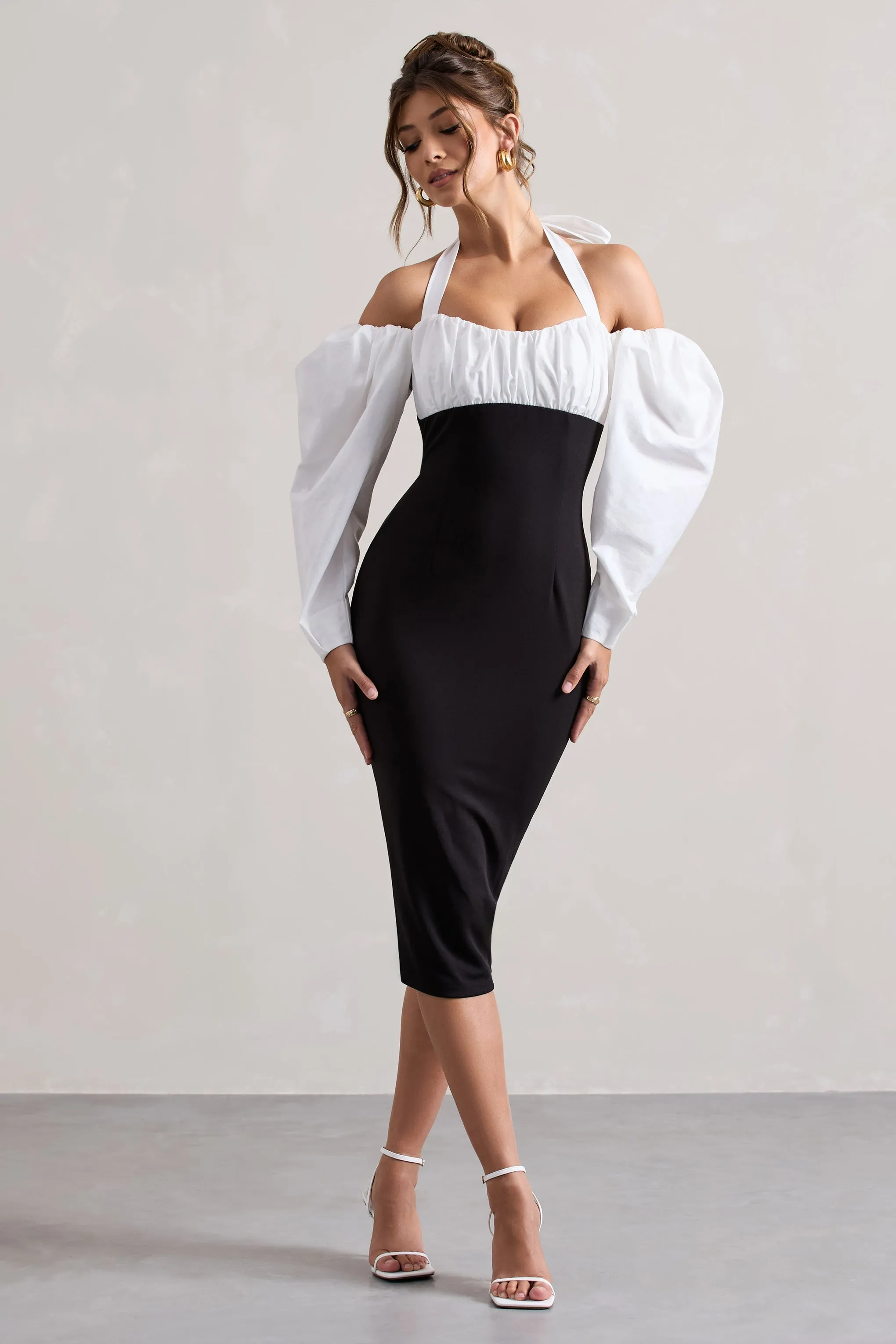 Black Halter-Neck Puff Sleeve Midi Dress by Couture Client