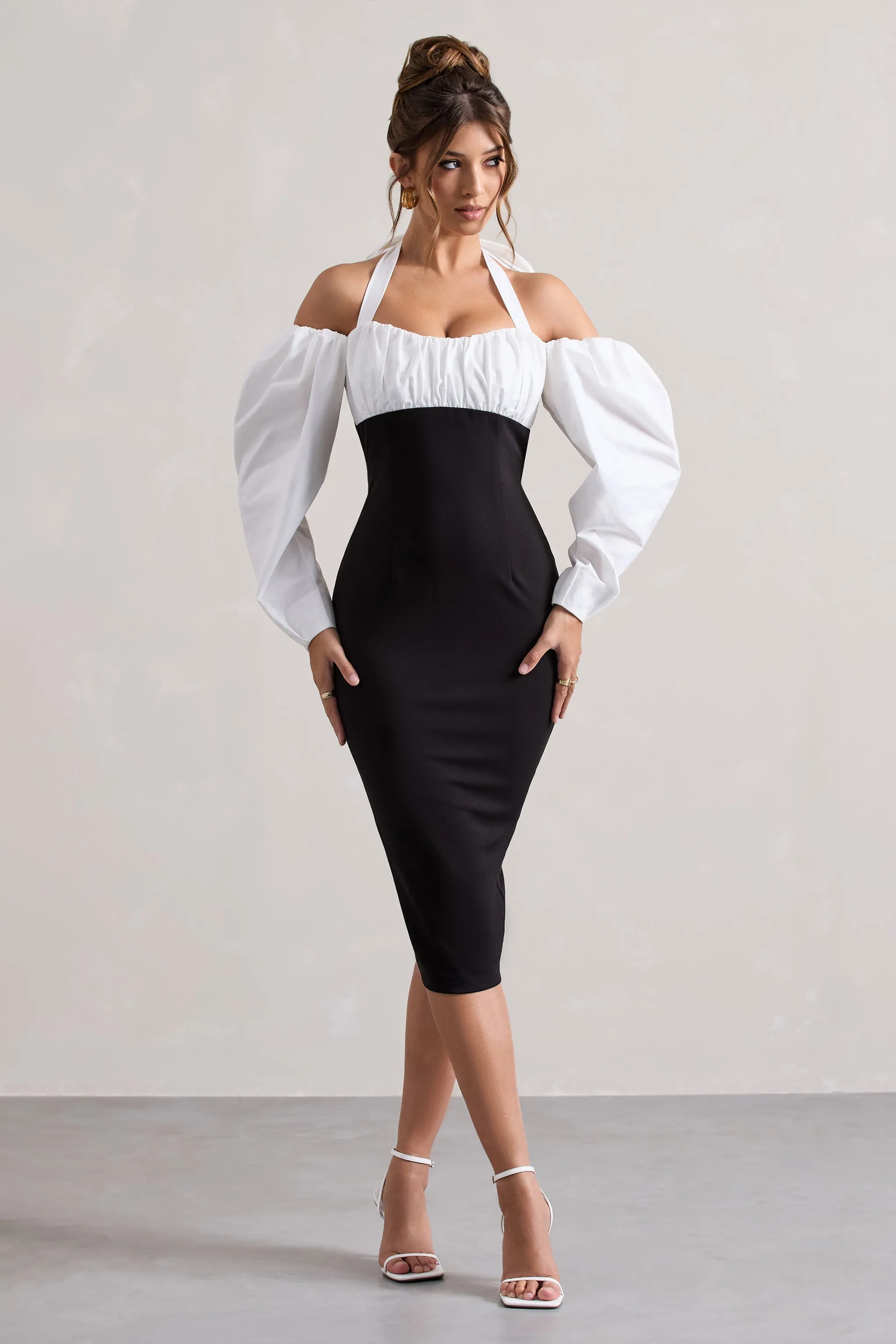 Black Halter-Neck Puff Sleeve Midi Dress by Couture Client