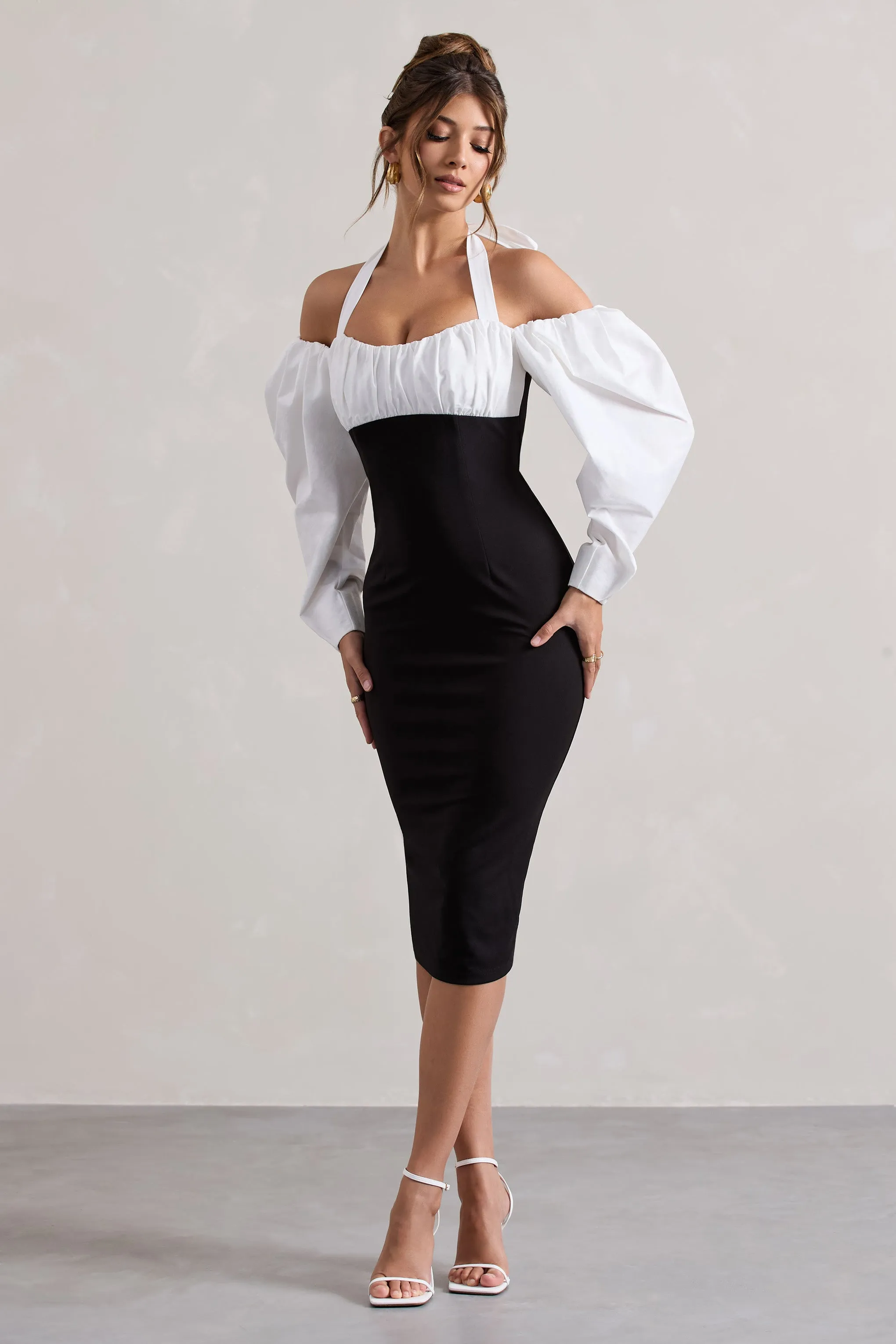 Black Halter-Neck Puff Sleeve Midi Dress by Couture Client