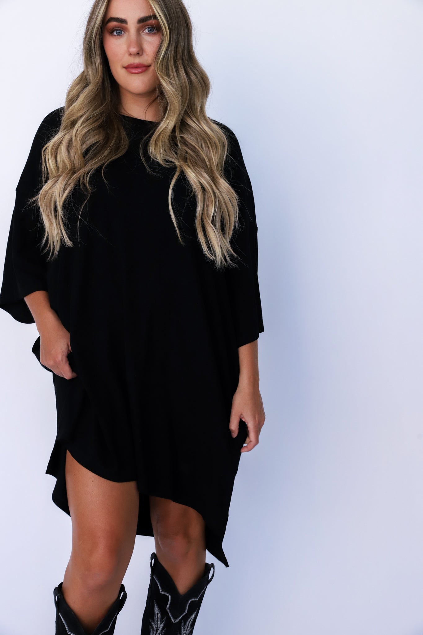 Black Out Of Pocket Dress.