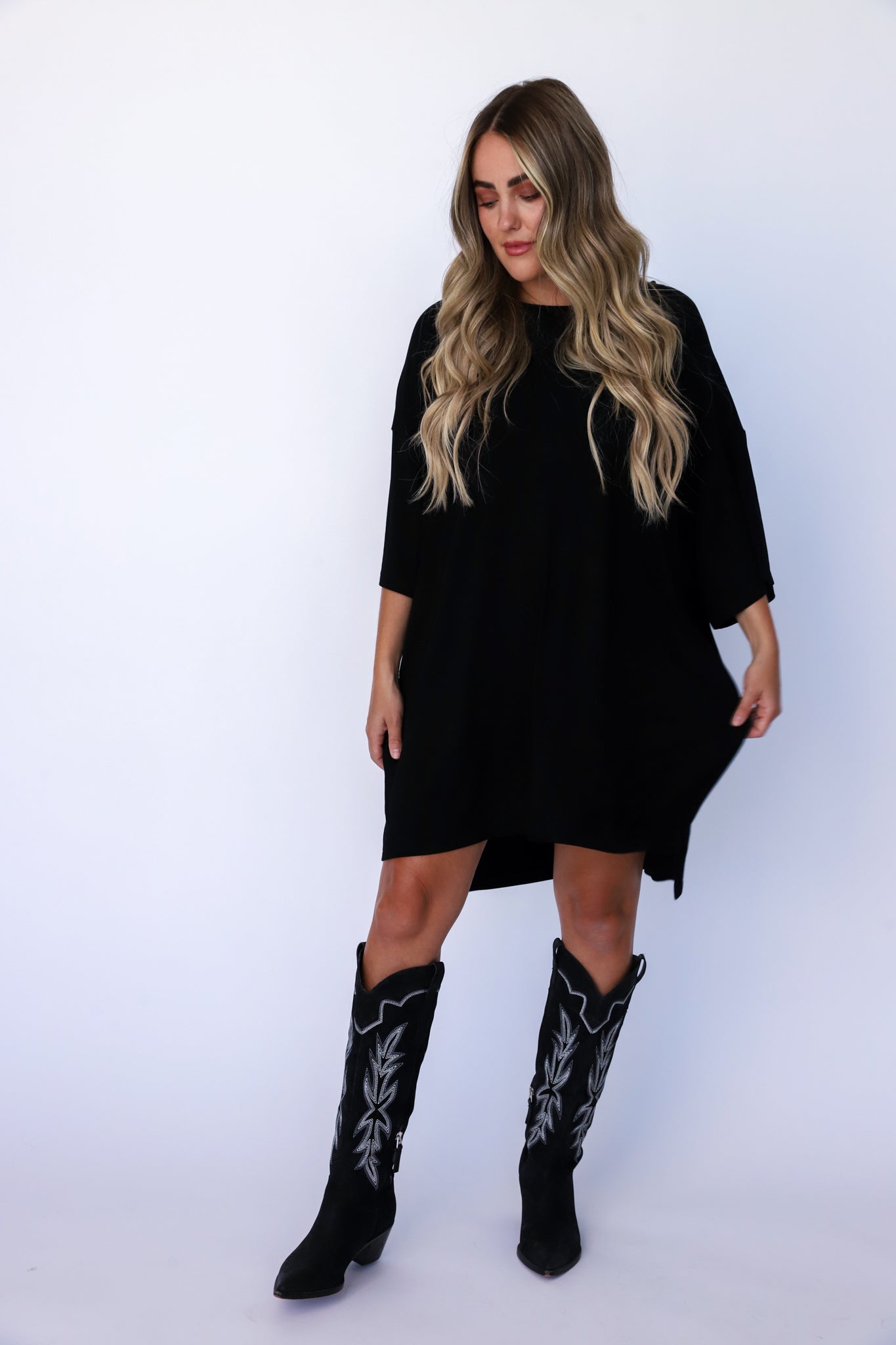 Black Out Of Pocket Dress.