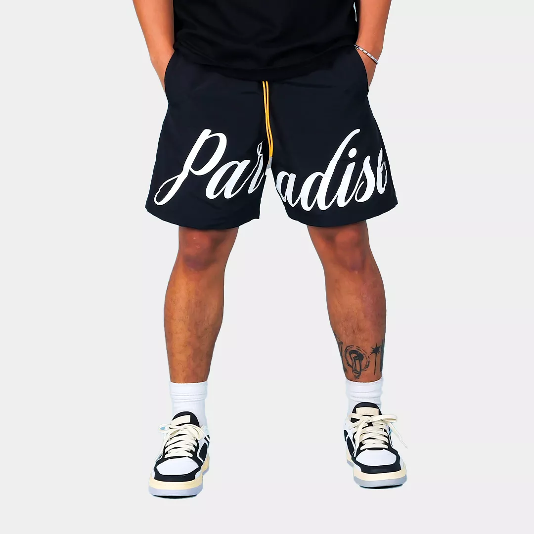 Black Paradise Script Nylon Shorts