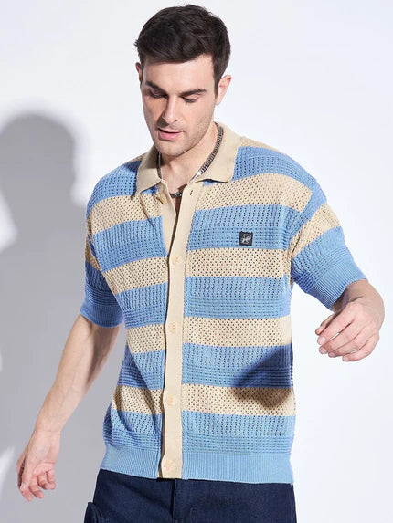 blue and beige striped crocheted shirt