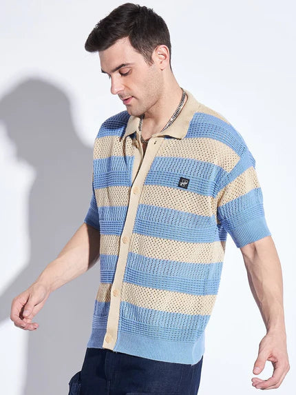 blue and beige striped crocheted shirt