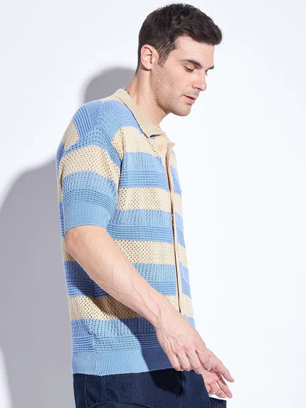 blue and beige striped crocheted shirt