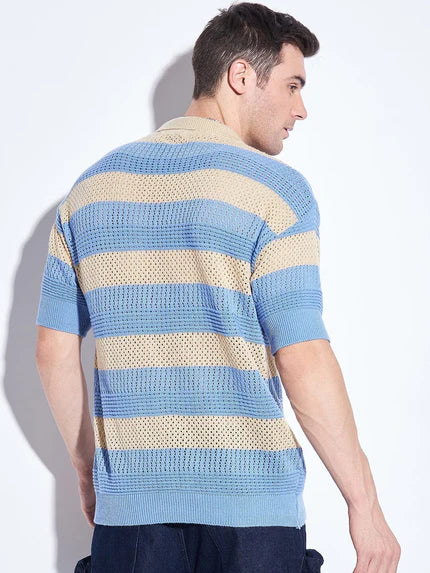 blue and beige striped crocheted shirt