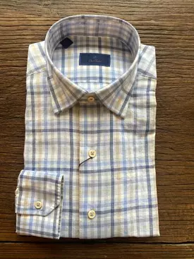 Blue and tan hidden button-down shirt.