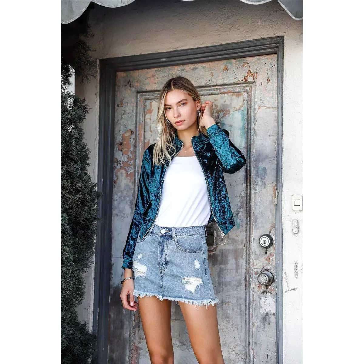 Blue Denim High-waist Distressed Mini Skirt with Raw Hem Detail