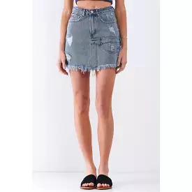 Blue Denim High-waist Distressed Mini Skirt with Raw Hem Detail