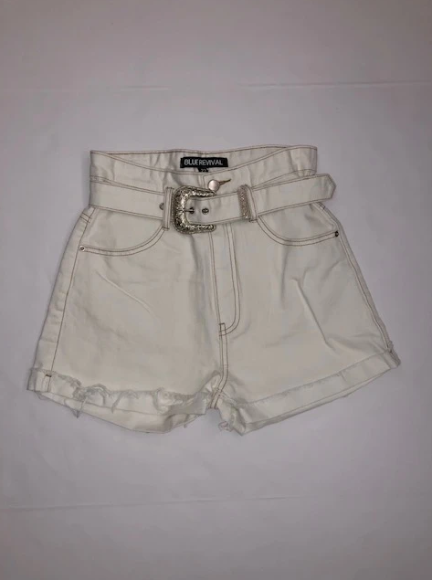 Blue denim shorts with belted waist - Revival style and white outlaw design.