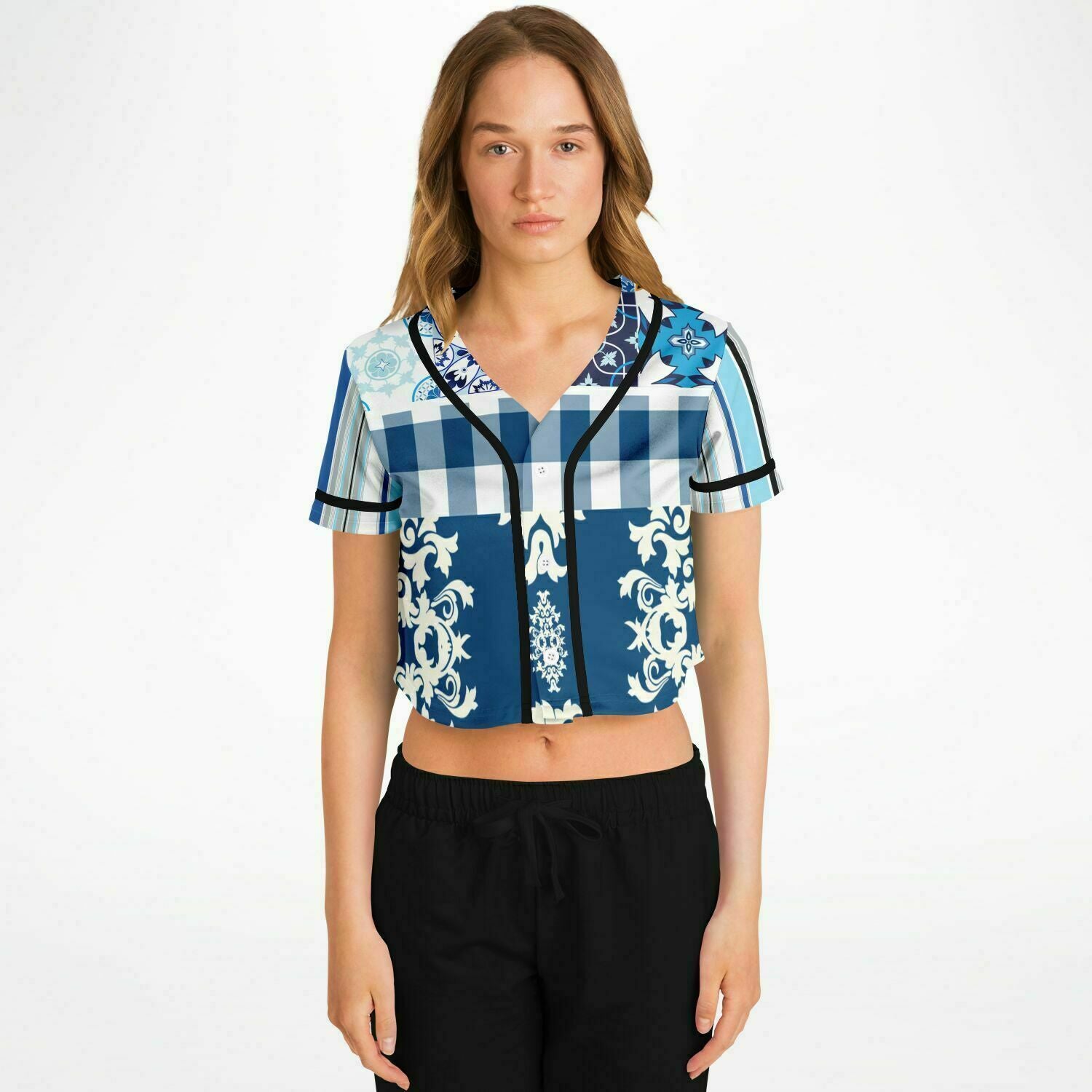 Blue floral stripe crop top with button front - Agadir jersey