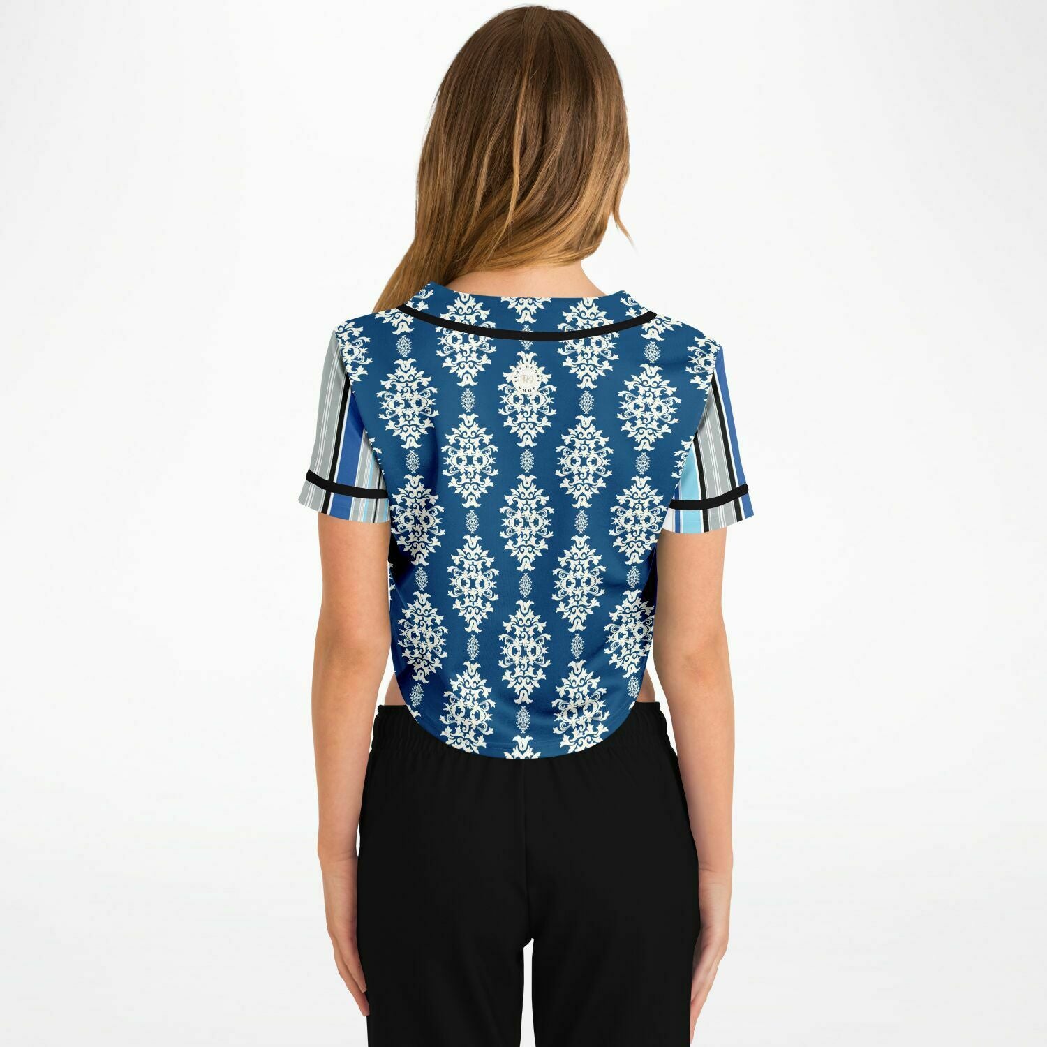 Blue floral stripe crop top with button front - Agadir jersey