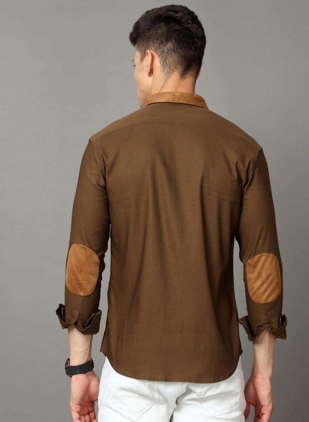 Brown self stripe corduroy shirt with leather contrast.