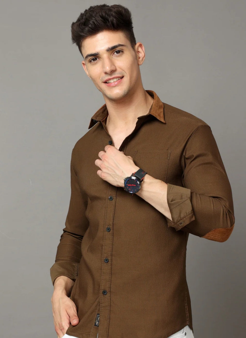 Brown self stripe corduroy shirt with leather contrast.