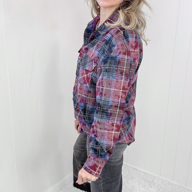 Burgundy Navy Plaid Flannel Shirt