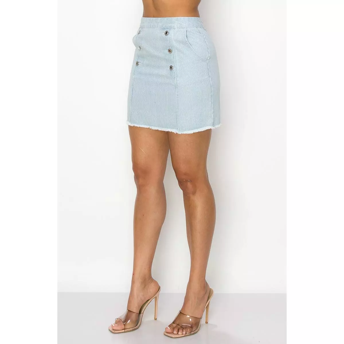 Button Distressed Denim Skirt