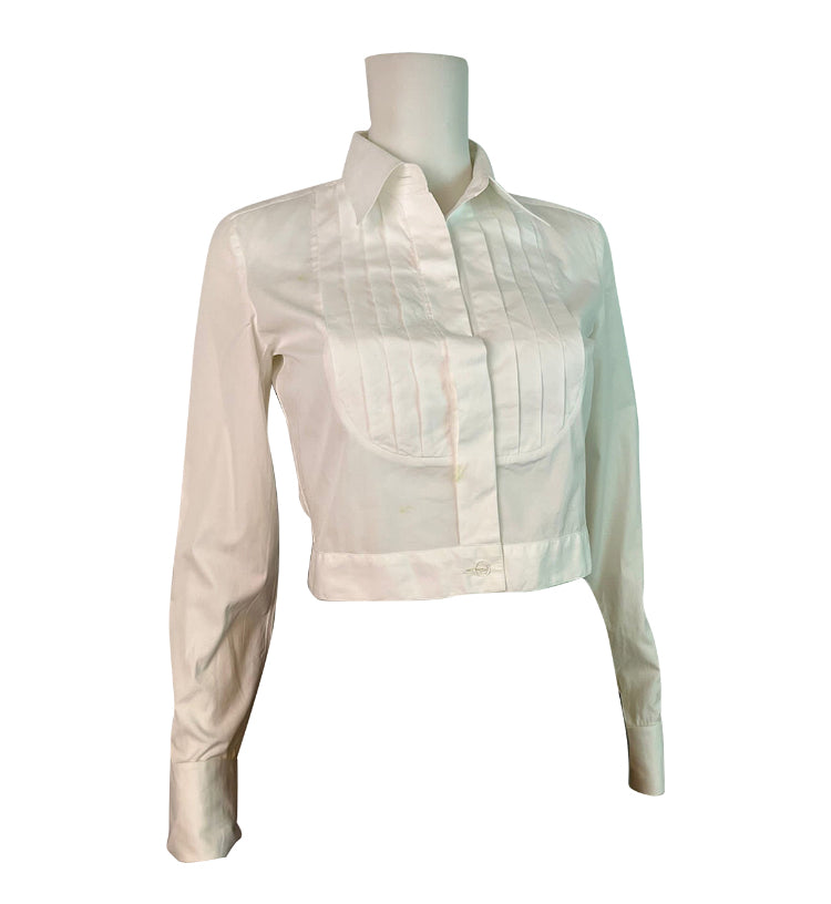 Chanel Vintage White Pleated Button Down Shirt Blouse Size 2 in Cotton