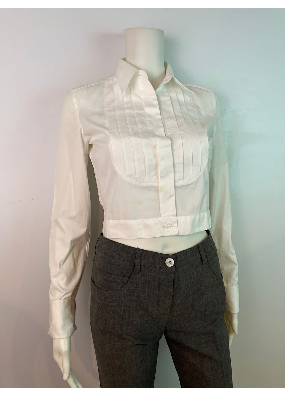 Chanel Vintage White Pleated Button Down Shirt Blouse Size 2 in Cotton