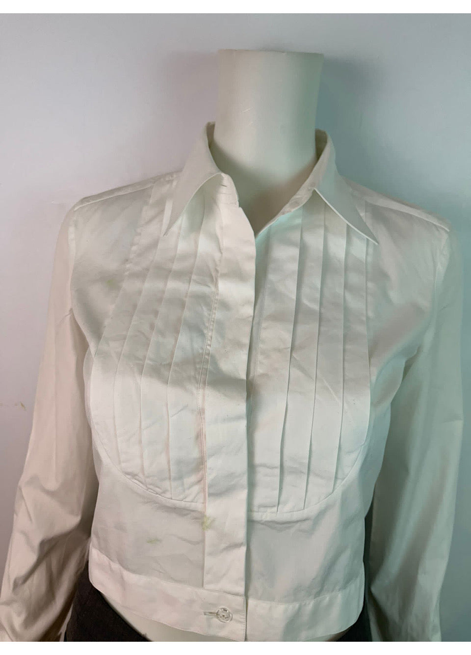 Chanel Vintage White Pleated Button Down Shirt Blouse Size 2 in Cotton