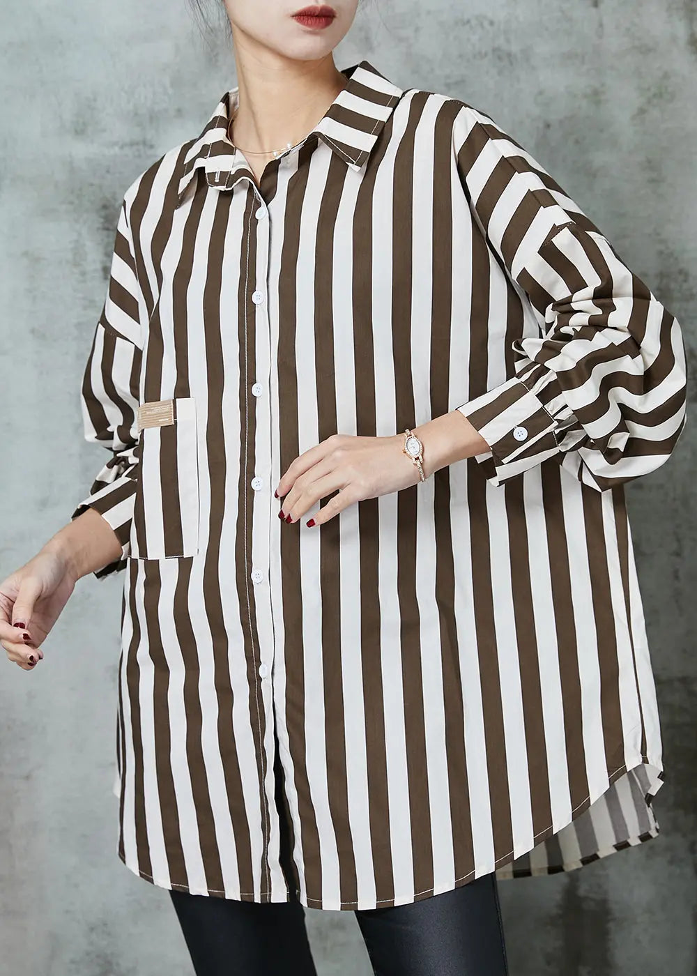 Khaki Oversized Striped Cotton Shirt Tops - Spring JK1001