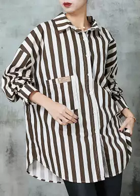 Khaki Oversized Striped Cotton Shirt Tops - Spring JK1001