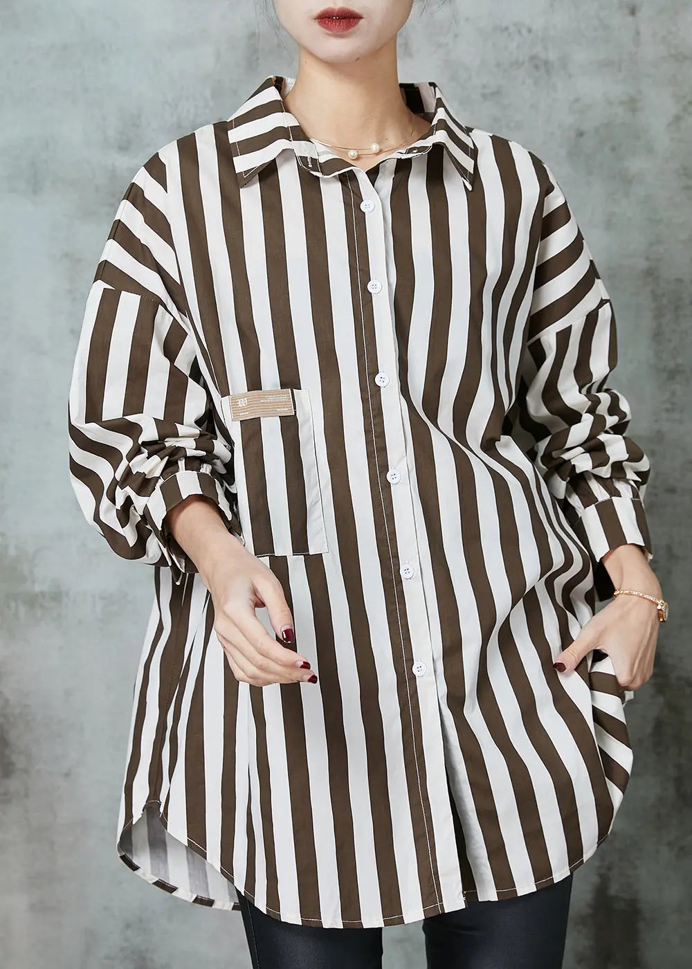 Khaki Oversized Striped Cotton Shirt Tops - Spring JK1001