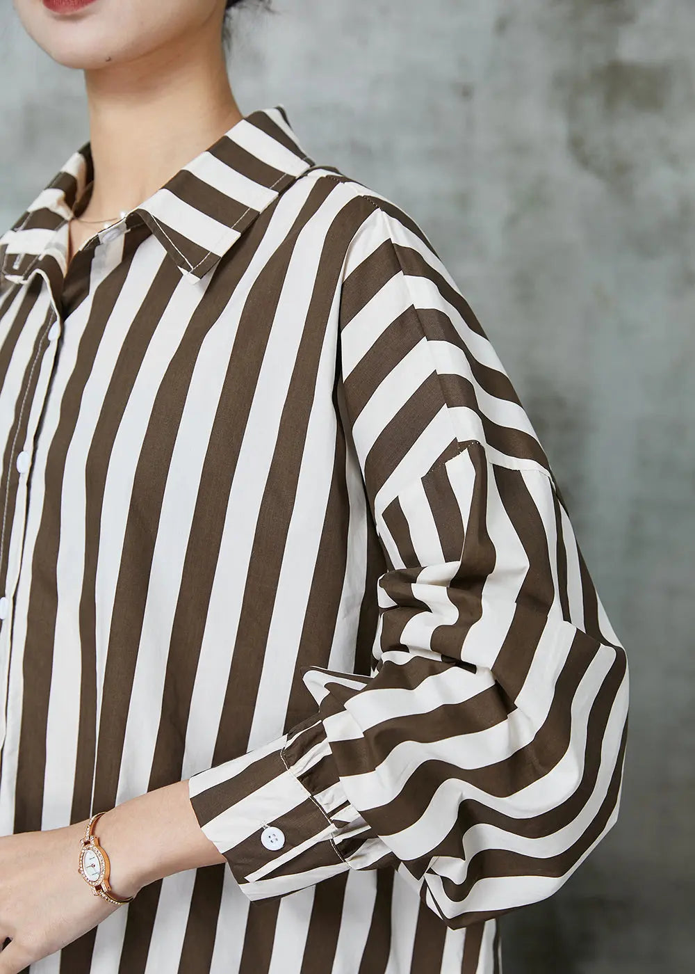 Khaki Oversized Striped Cotton Shirt Tops - Spring JK1001