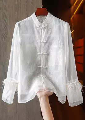 Chinese White Lace Patchwork Shirt Long Sleeve - QA1055