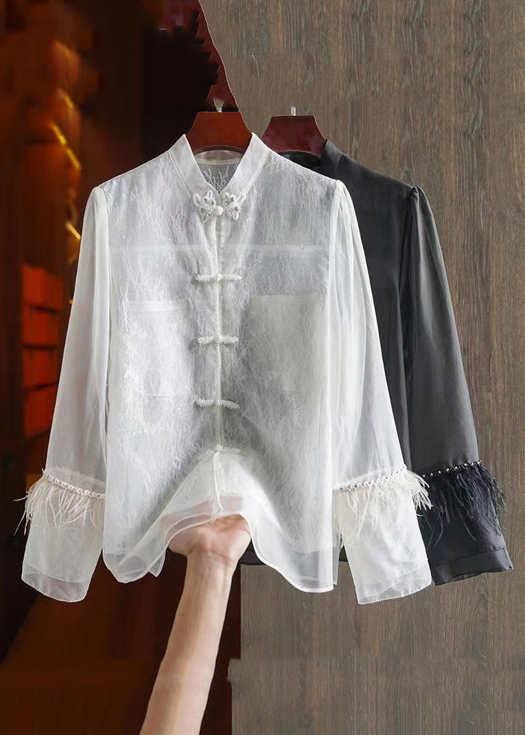 Chinese White Lace Patchwork Shirt Long Sleeve - QA1055