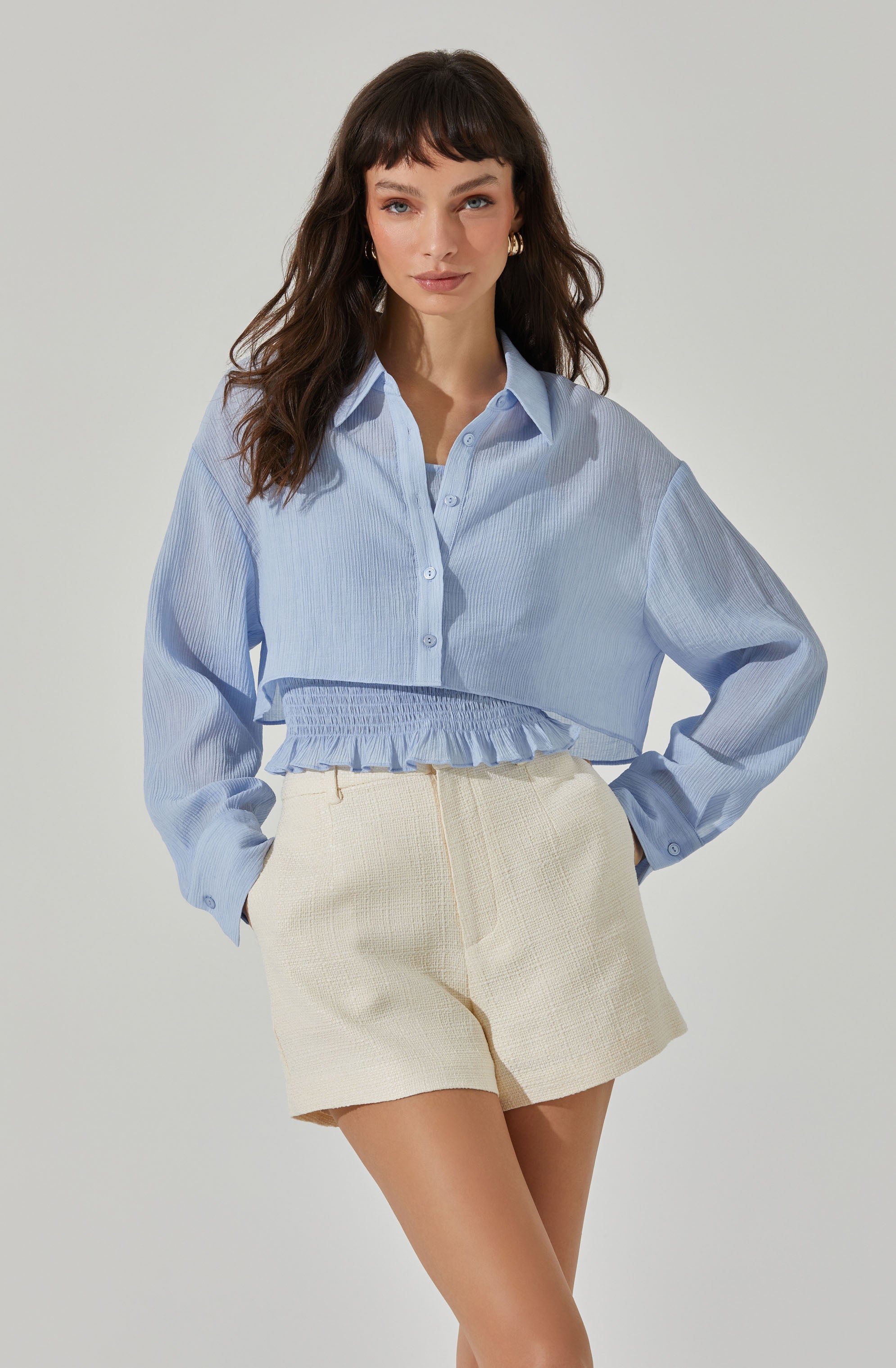 Collared Shirt Smocked Top Set